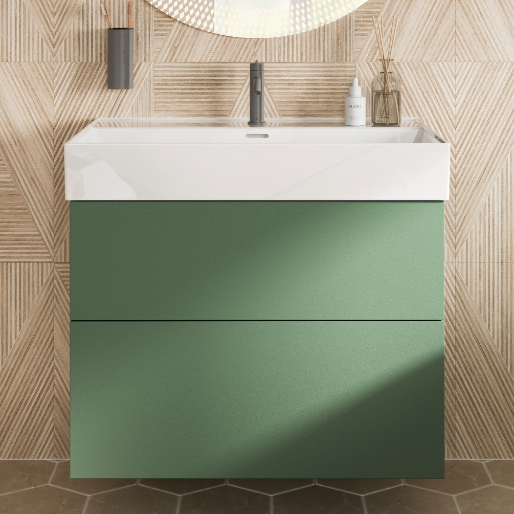 Close up product image of the Crosswater Avenue Sage Green 800mm Double Drawer Unit with a one tap hole basin